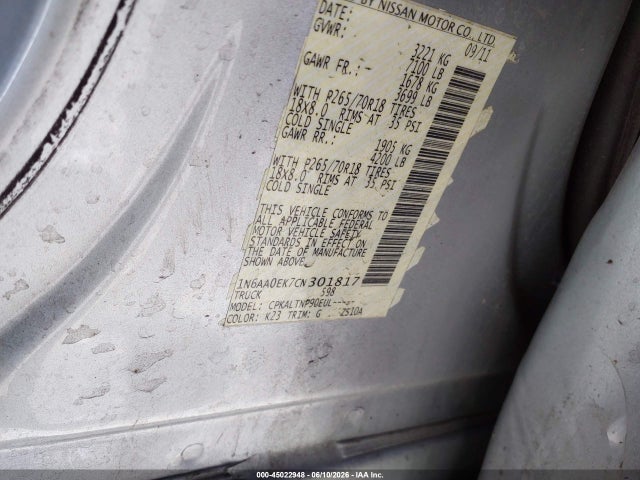 45022948 :رقم المزاد ، 1N6AA0EK7CN301817 vin ، 2012 Nissan Titan Sv مزاد بيع
