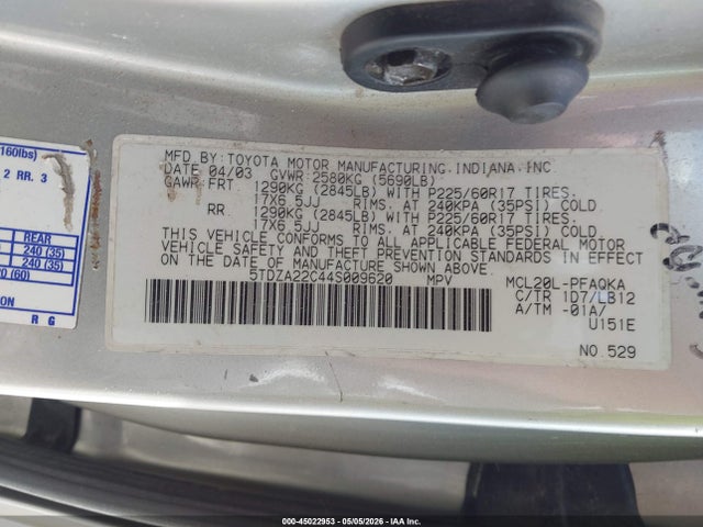 Aukcja sprzedaży 2004 Toyota Sienna Xle Limited, vin: 5TDZA22C44S009620, numer aukcji: 45022953