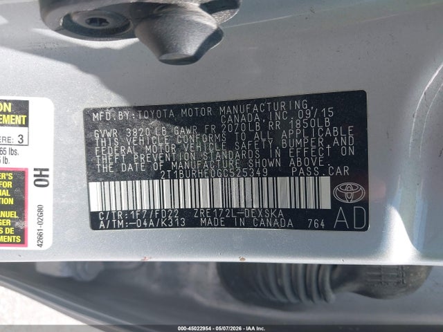 Aukcja sprzedaży 2016 Toyota Corolla S Plus, vin: 2T1BURHE0GC525349, numer aukcji: 45022954