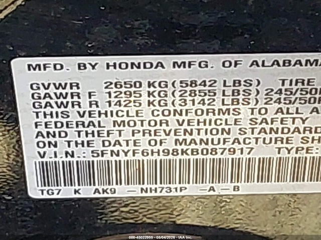 2019 Honda Pilot Touring მანქანა იყიდება აუქციონზე, vin: 5FNYF6H98KB087917, აუქციონის ნომერი: 45022955