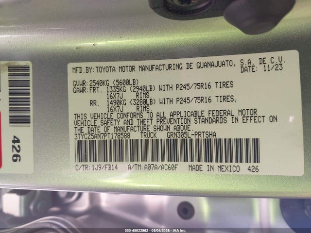Aukcja sprzedaży 2023 Toyota Tacoma Sr V6, vin: 3TYCZ5AN7PT178588, numer aukcji: 45022962