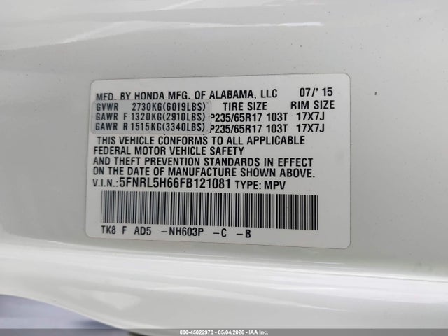 2015 Honda Odyssey Ex-l მანქანა იყიდება აუქციონზე, vin: 5FNRL5H66FB121081, აუქციონის ნომერი: 45022970