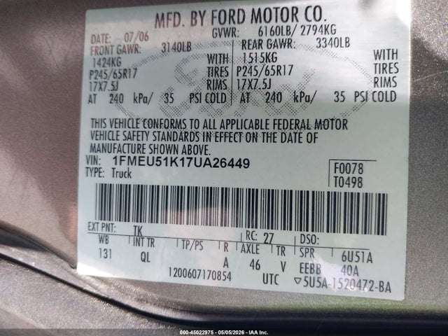 2007 Ford Explorer Sport Trac Xlt მანქანა იყიდება აუქციონზე, vin: 1FMEU51K17UA26449, აუქციონის ნომერი: 45022975