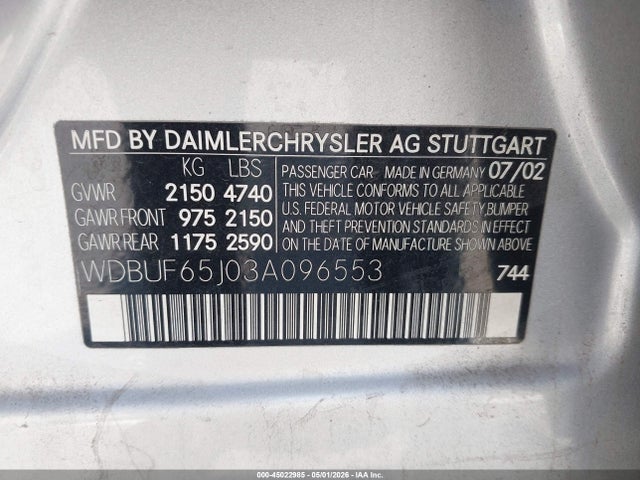 Продажа на аукционе авто 2003 Mercedes-benz E 320, vin: WDBUF65J03A096553, номер лота: 45022985