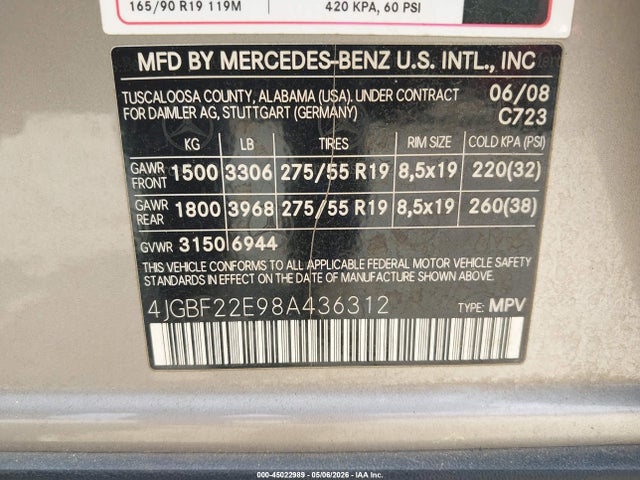 Aukcja sprzedaży 2008 Mercedes-benz Gl 320 Cdi 4matic, vin: 4JGBF22E98A436312, numer aukcji: 45022989