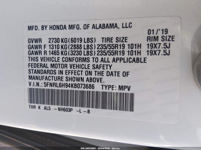 45022993 :رقم المزاد ، 5FNRL6H94KB073686 vin ، 2019 Honda Odyssey Elite مزاد بيع
