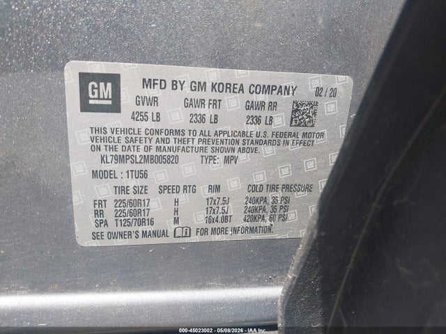 Продажа на аукционе авто 2021 Chevrolet Trailblazer Fwd Lt, vin: KL79MPSL2MB005820, номер лота: 45023002