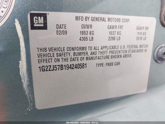 2009 Pontiac G6 New Se მანქანა იყიდება აუქციონზე, vin: 1G2ZJ57B194240581, აუქციონის ნომერი: 45023004