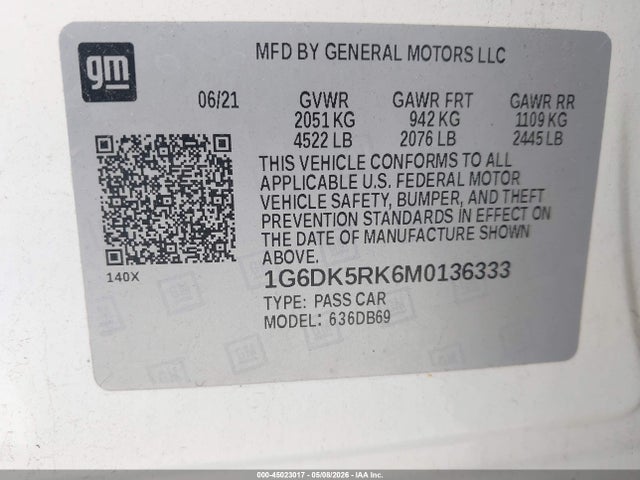 45023017 :رقم المزاد ، 1G6DK5RK6M0136333 vin ، 2021 Cadillac Ct4 Luxury مزاد بيع