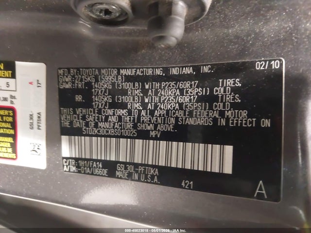 Aukcja sprzedaży 2011 Toyota Sienna Base V6, vin: 5TDZK3DCXBS010025, numer aukcji: 45023018