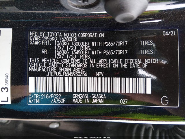 45023020 :رقم المزاد ، JTEPU5JR6M5930356 vin ، 2021 Toyota 4runner Trd Off Road مزاد بيع
