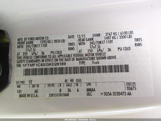 2016 Ford F-150 Xl მანქანა იყიდება აუქციონზე, vin: 1FTMF1C8XGKD28189, აუქციონის ნომერი: 45023022