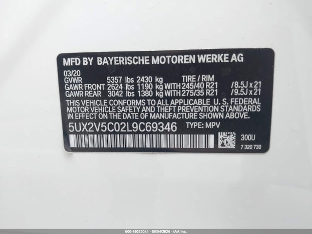 Aukcja sprzedaży 2020 Bmw X4 M40i, vin: 5UX2V5C02L9C69346, numer aukcji: 45023041