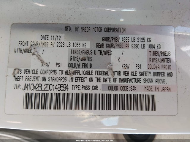 Aukcja sprzedaży 2013 Mazda Mazda5 Sport, vin: JM1CW2BL2D0149594, numer aukcji: 45023048