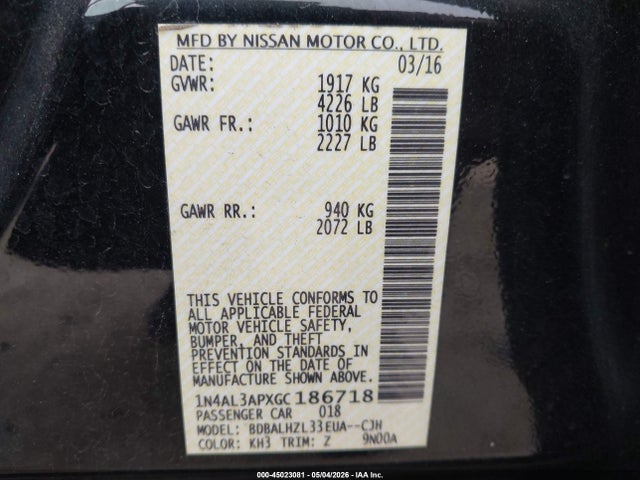 2016 Nissan Altima 2.5/2.5 S/2.5 Sl/2.5 Sr/2.5 Sv მანქანა იყიდება აუქციონზე, vin: 1N4AL3APXGC186718, აუქციონის ნომერი: 45023081