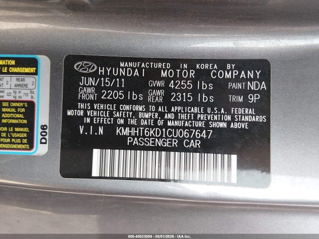 Aukcja sprzedaży 2012 Hyundai Genesis 2.0t, vin: KMHHT6KD1CU067647, numer aukcji: 45023089