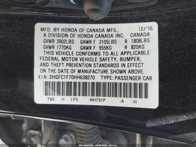 Продажа на аукционе авто 2017 Honda Civic Ex-l, vin: 2HGFC1F70HH638270, номер лота: 45023088