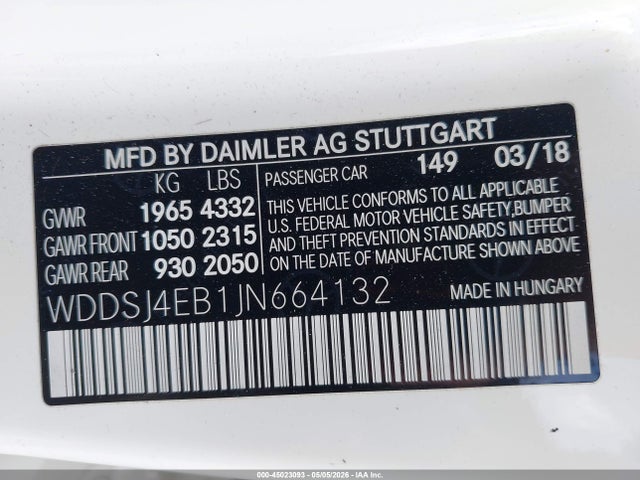 Продажа на аукционе авто 2018 Mercedes-benz Cla 250, vin: WDDSJ4EB1JN664132, номер лота: 45023093
