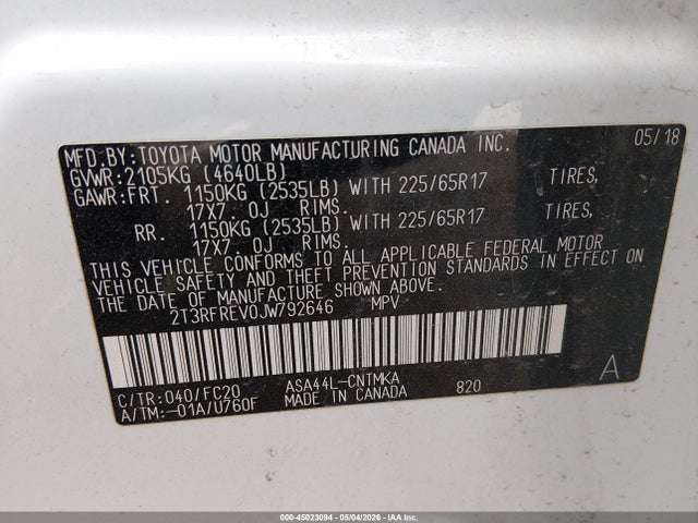 45023094 :رقم المزاد ، 2T3RFREV0JW792646 vin ، 2018 Toyota Rav4 Xle مزاد بيع
