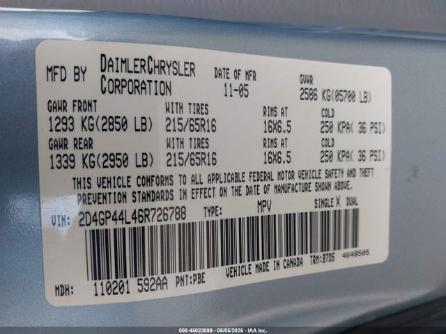 45023099 :رقم المزاد ، 2D4GP44L46R726788 vin ، 2006 Dodge Grand Caravan Sxt مزاد بيع