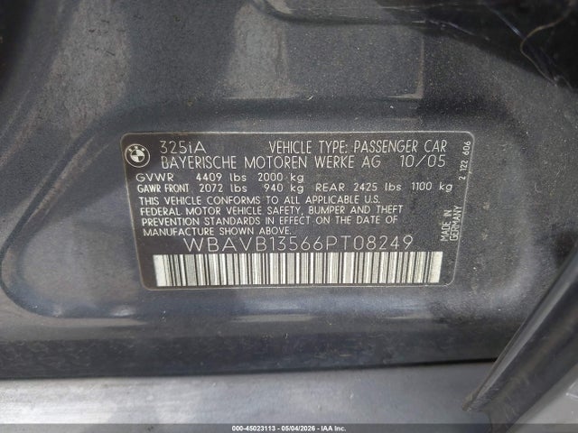 Продажа на аукционе авто 2006 Bmw 325i, vin: WBAVB13566PT08249, номер лота: 45023113