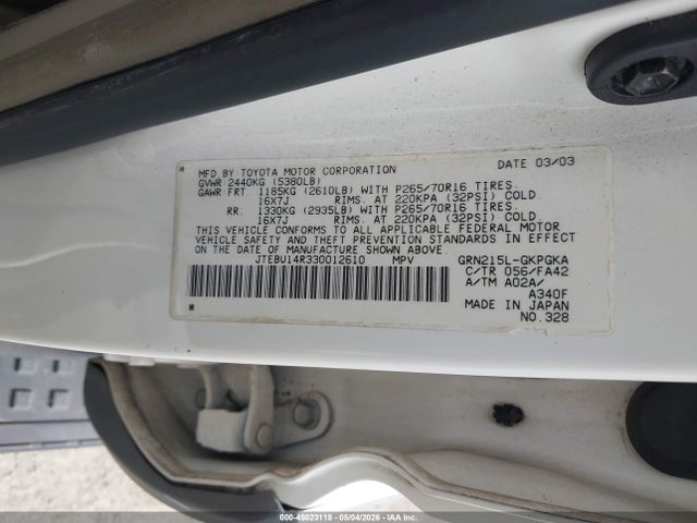 Продаж на аукціоні авто 2003 Toyota 4runner Sr5 V6, vin: JTEBU14R330012610, номер лоту: 45023118