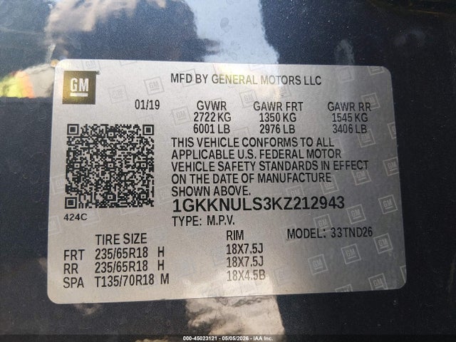 Aukcja sprzedaży 2019 Gmc Acadia Slt-1, vin: 1GKKNULS3KZ212943, numer aukcji: 45023121