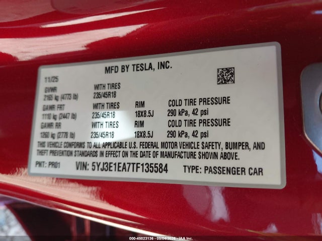 Продажа на аукционе авто 2026 Tesla Model 3 Premium Rear-wheel Drive/standard Rear-wheel Drive, vin: 5YJ3E1EA7TF135584, номер лота: 45023136