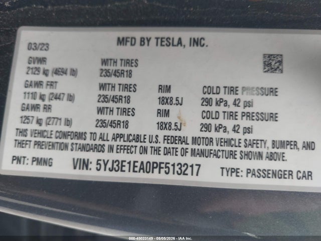 Aukcja sprzedaży 2023 Tesla Model 3 Rear-wheel Drive, vin: 5YJ3E1EA0PF513217, numer aukcji: 45023149