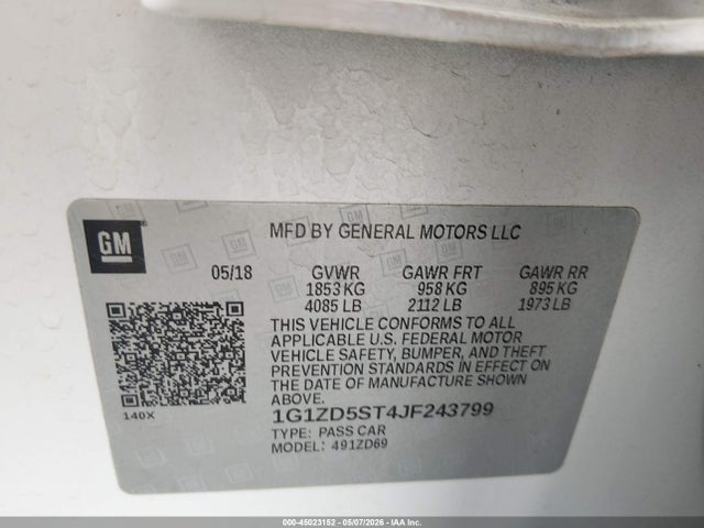 Продаж на аукціоні авто 2018 Chevrolet Malibu Lt, vin: 1G1ZD5ST4JF243799, номер лоту: 45023152