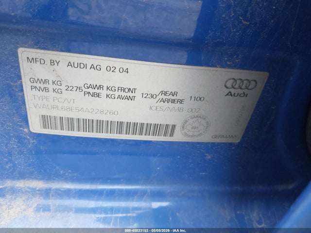 Aukcja sprzedaży 2004 Audi S4 4.2, vin: WAUPL68E54A228260, numer aukcji: 45023153