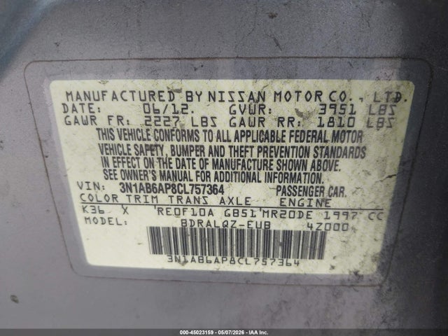 2012 Nissan Sentra 2.0 მანქანა იყიდება აუქციონზე, vin: 3N1AB6AP8CL757364, აუქციონის ნომერი: 45023159