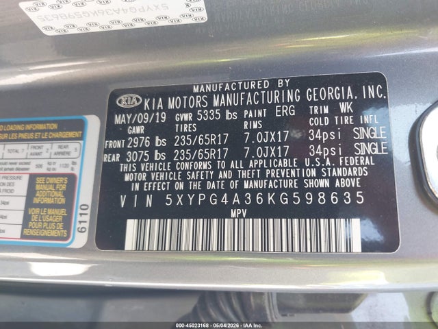 Aukcja sprzedaży 2019 Kia Sorento 2.4l L, vin: 5XYPG4A36KG598635, numer aukcji: 45023168