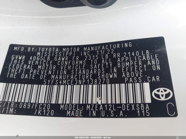 Продажа на аукционе авто 2022 Toyota Corolla Se, vin: 5YFS4MCE3NP138270, номер лота: 45023189