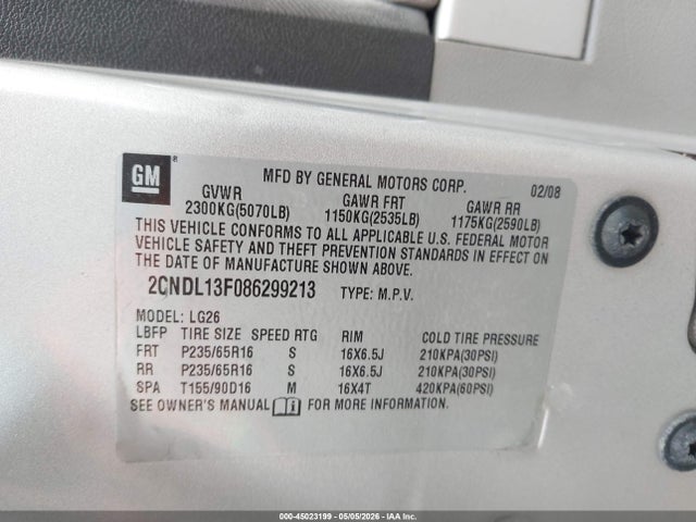 Aukcja sprzedaży 2008 Chevrolet Equinox Ls, vin: 2CNDL13F086299213, numer aukcji: 45023199