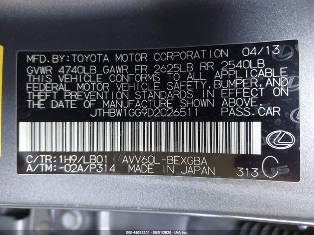 45023201 :رقم المزاد ، JTHBW1GG9D2026511 vin ، 2013 Lexus Es 300h مزاد بيع
