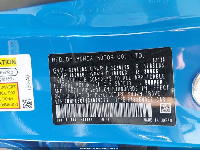 45023202 :رقم المزاد ، JHMFL5G46SX006398 vin ، 2025 Honda Civic Type R مزاد بيع