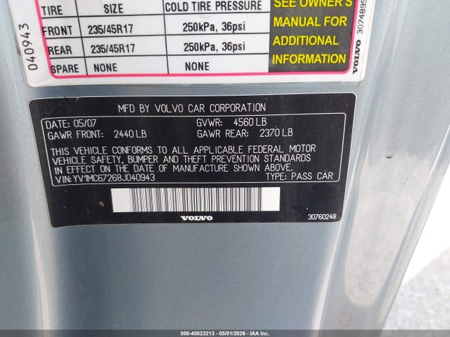 Aukcja sprzedaży 2008 Volvo C70 T5, vin: YV1MC67268J040943, numer aukcji: 45023213