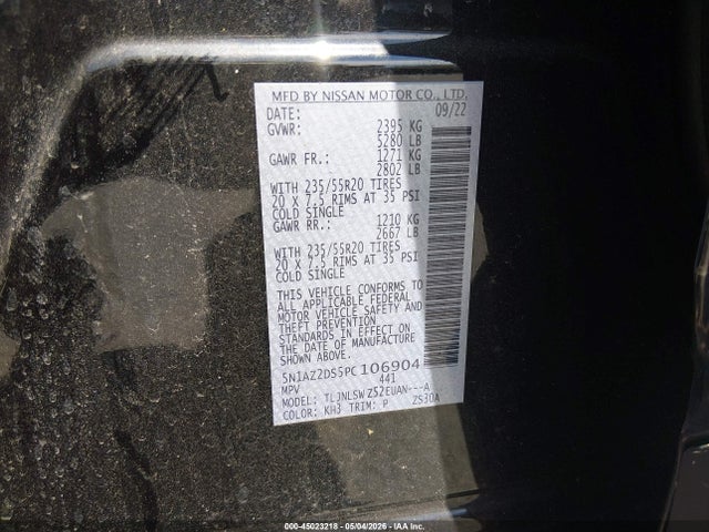 2023 Nissan Murano Platinum Intelligent Awd მანქანა იყიდება აუქციონზე, vin: 5N1AZ2DS5PC106904, აუქციონის ნომერი: 45023218