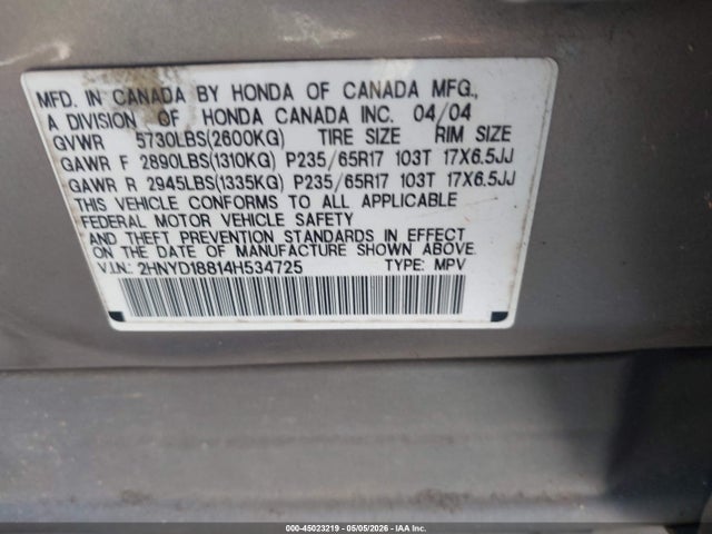 Продажа на аукционе авто 2004 Acura Mdx, vin: 2HNYD18814H534725, номер лота: 45023219