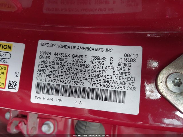 2019 Honda Accord Sport მანქანა იყიდება აუქციონზე, vin: 1HGCV1F32KA152172, აუქციონის ნომერი: 45023225