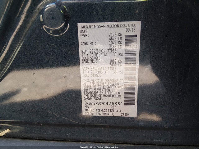 2015 Nissan Rogue Sv მანქანა იყიდება აუქციონზე, vin: 5N1AT2MV0FC926351, აუქციონის ნომერი: 45023231