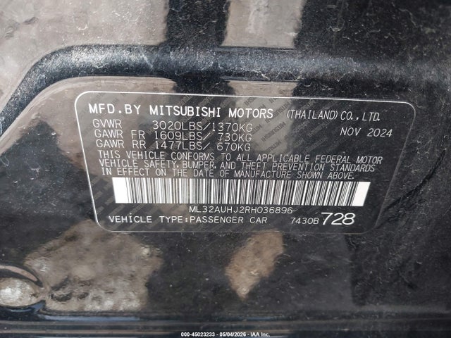 Aukcja sprzedaży 2024 Mitsubishi Mirage Es/le, vin: ML32AUHJ2RH036896, numer aukcji: 45023233
