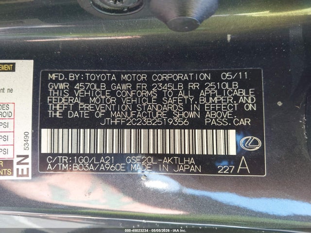 45023234 :رقم المزاد ، JTHFF2C23B2519356 vin ، 2011 Lexus Is 250c مزاد بيع