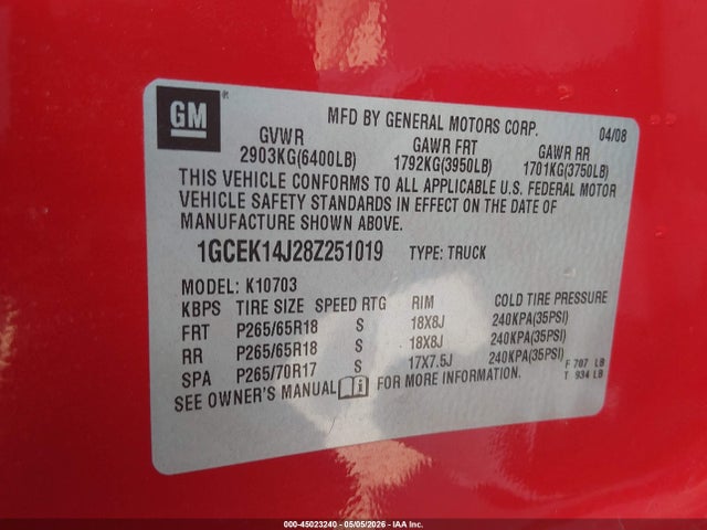 45023240 :رقم المزاد ، 1GCEK14J28Z251019 vin ، 2008 Chevrolet Silverado 1500 Lt1 مزاد بيع