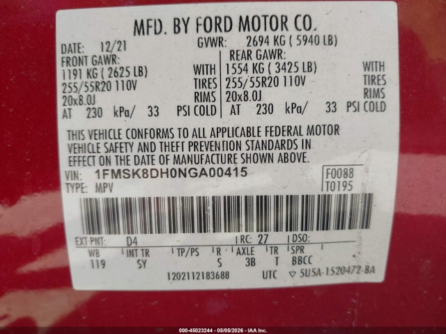Aukcja sprzedaży 2022 Ford Explorer Xlt, vin: 1FMSK8DH0NGA00415, numer aukcji: 45023244