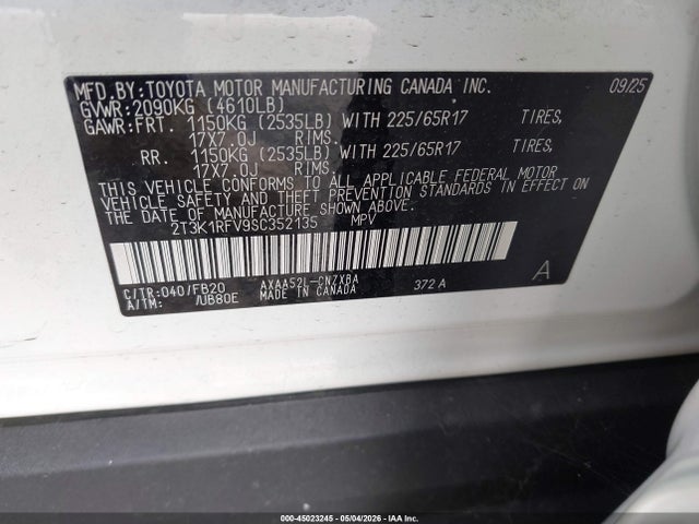 Aukcja sprzedaży 2025 Toyota Rav4 Le, vin: 2T3K1RFV9SC352135, numer aukcji: 45023245