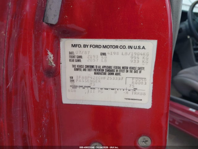 Aukcja sprzedaży 1987 Ford Mustang Gt, vin: 1FABP42E0HF253337, numer aukcji: 45023246