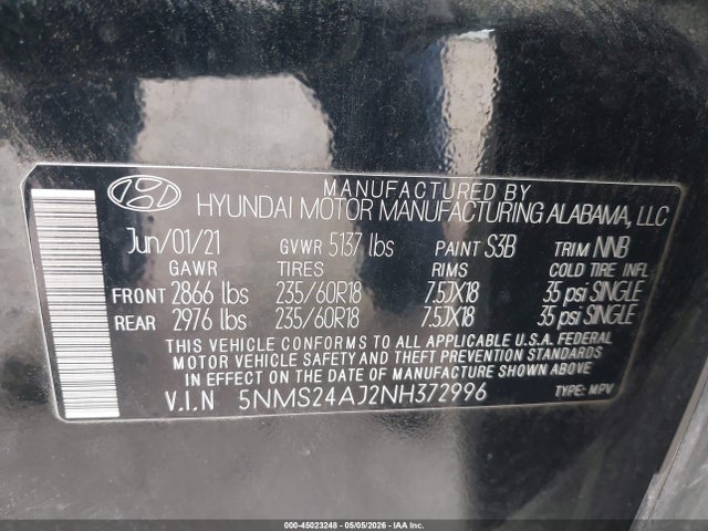 Aukcja sprzedaży 2022 Hyundai Santa Fe Sel, vin: 5NMS24AJ2NH372996, numer aukcji: 45023248