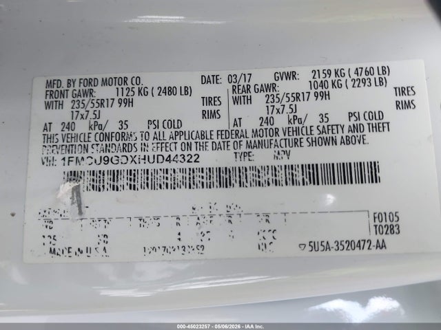 Продаж на аукціоні авто 2017 Ford Escape Se, vin: 1FMCU9GDXHUD44322, номер лоту: 45023257